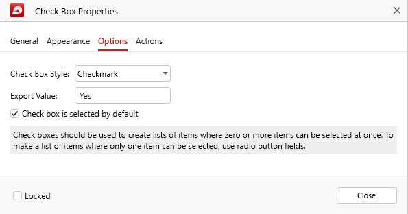 PDF Extra: form properties - checkbox options tab